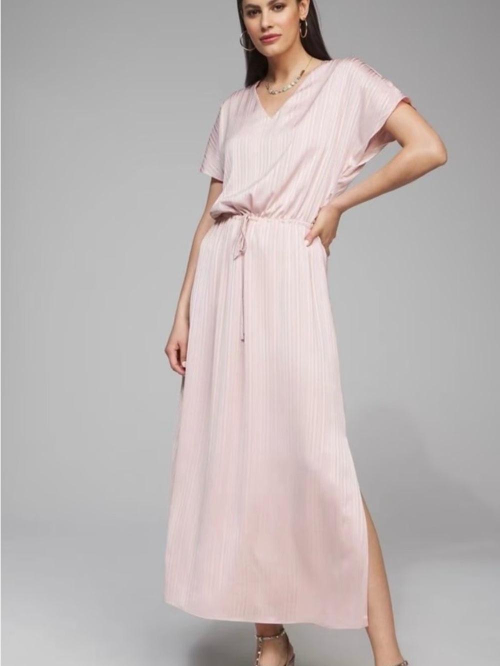 White House Black Market Light Blush V-Neck Pleated Maxi Dress